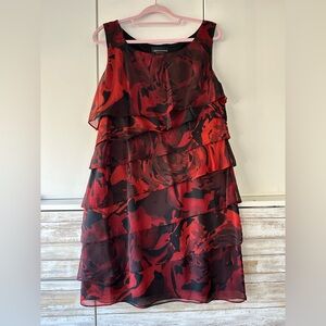 Connected Apparel Red & Black Tiered Ruffle Dress Size 14 Petite Sleeveless